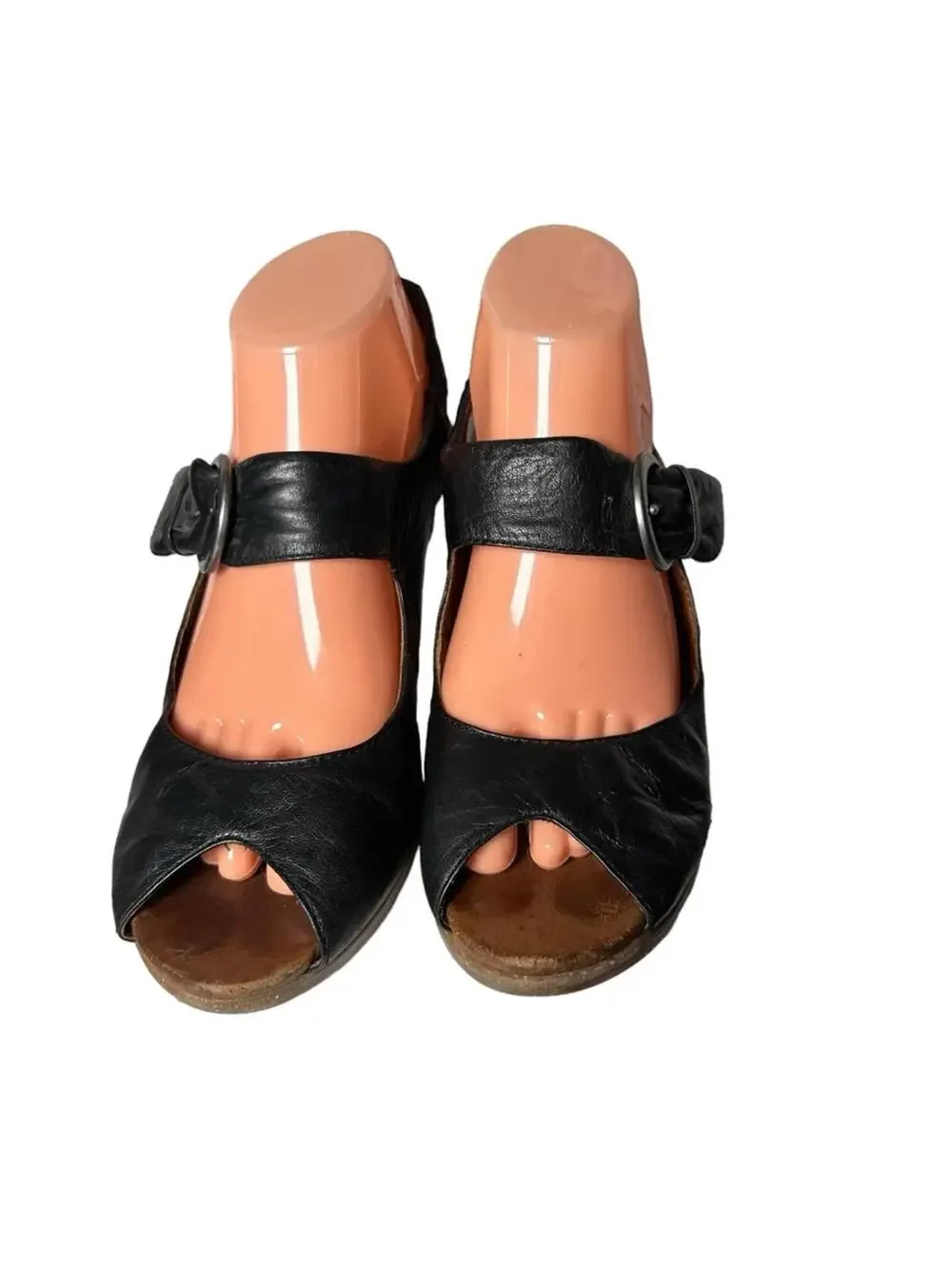 Naya Arvada Black Leather Slingback Peep-Toe Heels Sandals Size 8 M
